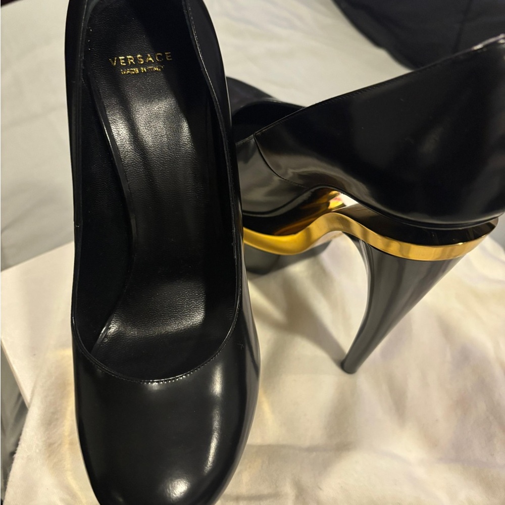 Versace Black Leather Stiletto Pumps with Gold Trim